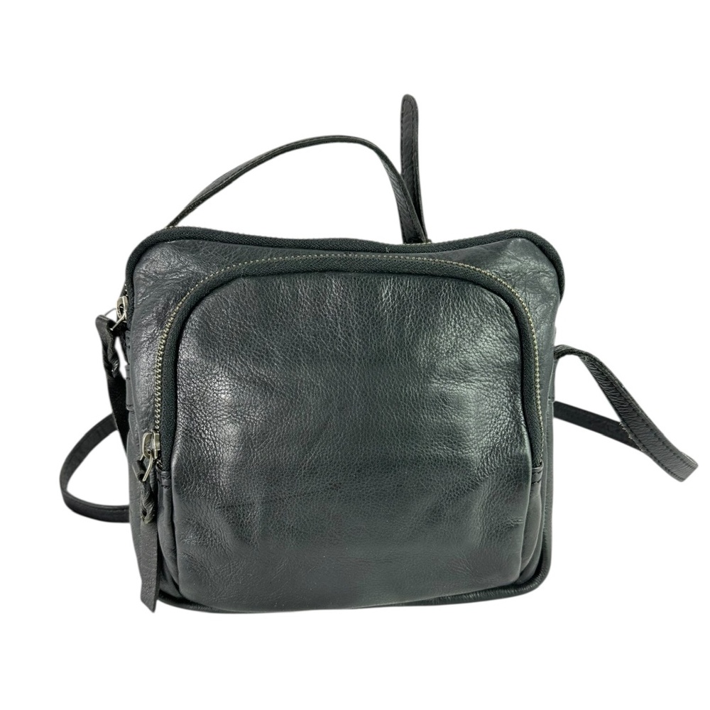 Genuine R.P.S Rock Paper Scissors Black Pebbled Leather Front Zip Crossbody Bag
